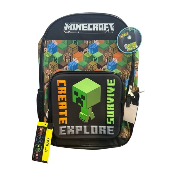 Minecraft Light Up Backpack 17 Inch Bag Unisex Black Green Padded Shoulders NEW - Picture 1 of 11
